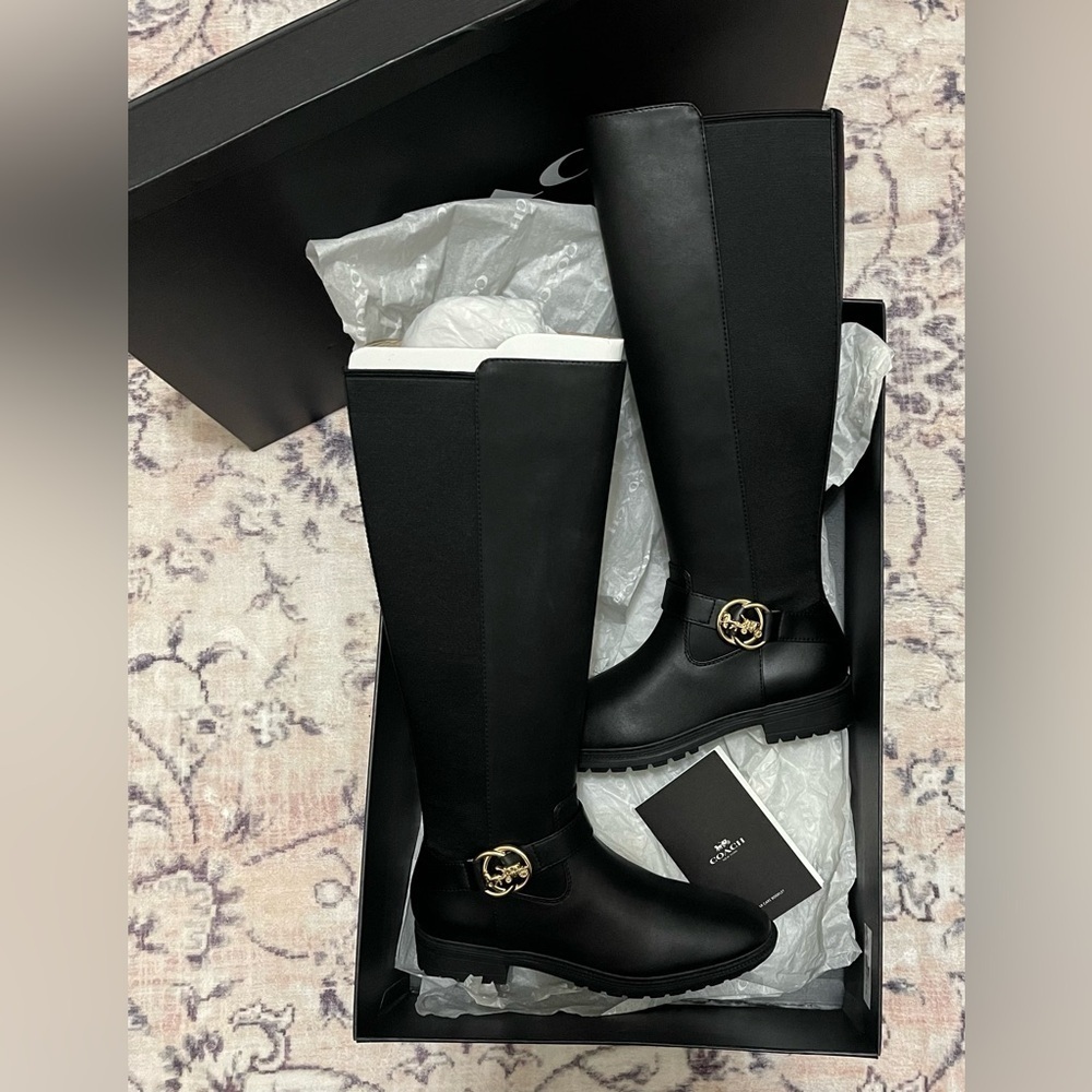 NWT COACH Farrah ll Leather Knee High Riding Boot Black Gold Buckle Size 6.5 - Picture 4 of 7